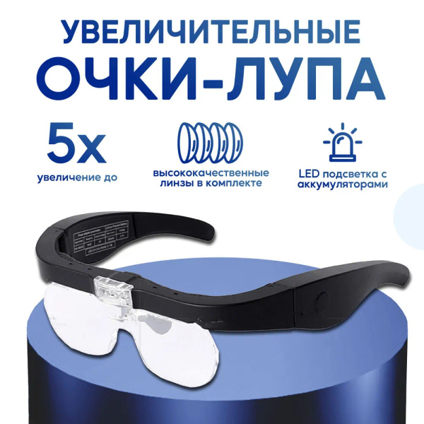Очки лупа увеличительные с подсветкой, со сменными линзами в футляре ...