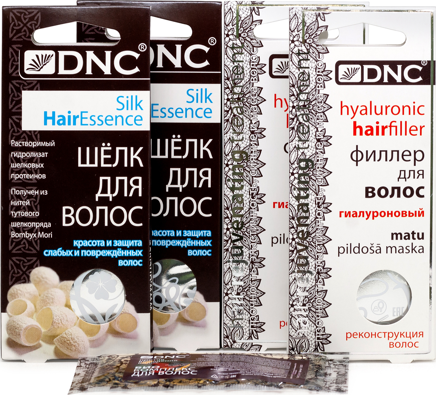 фото Набор: DNC Шелк для волос, 4 шт по 10 мл, 2 уп; Филлер для волос 3 шт по 15 мл, 2 уп. и Подарок Биокомплекс против выпадения волос 15 мл