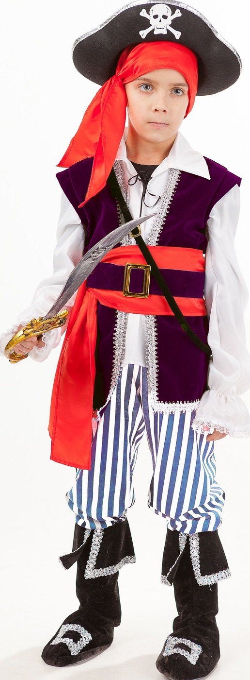 фото Карнавальный костюм Пират Спайк рубашка с жилетом и поясом, брюки с сапогами, бандана, шляпа, сабля размер 110-56 Пуговка