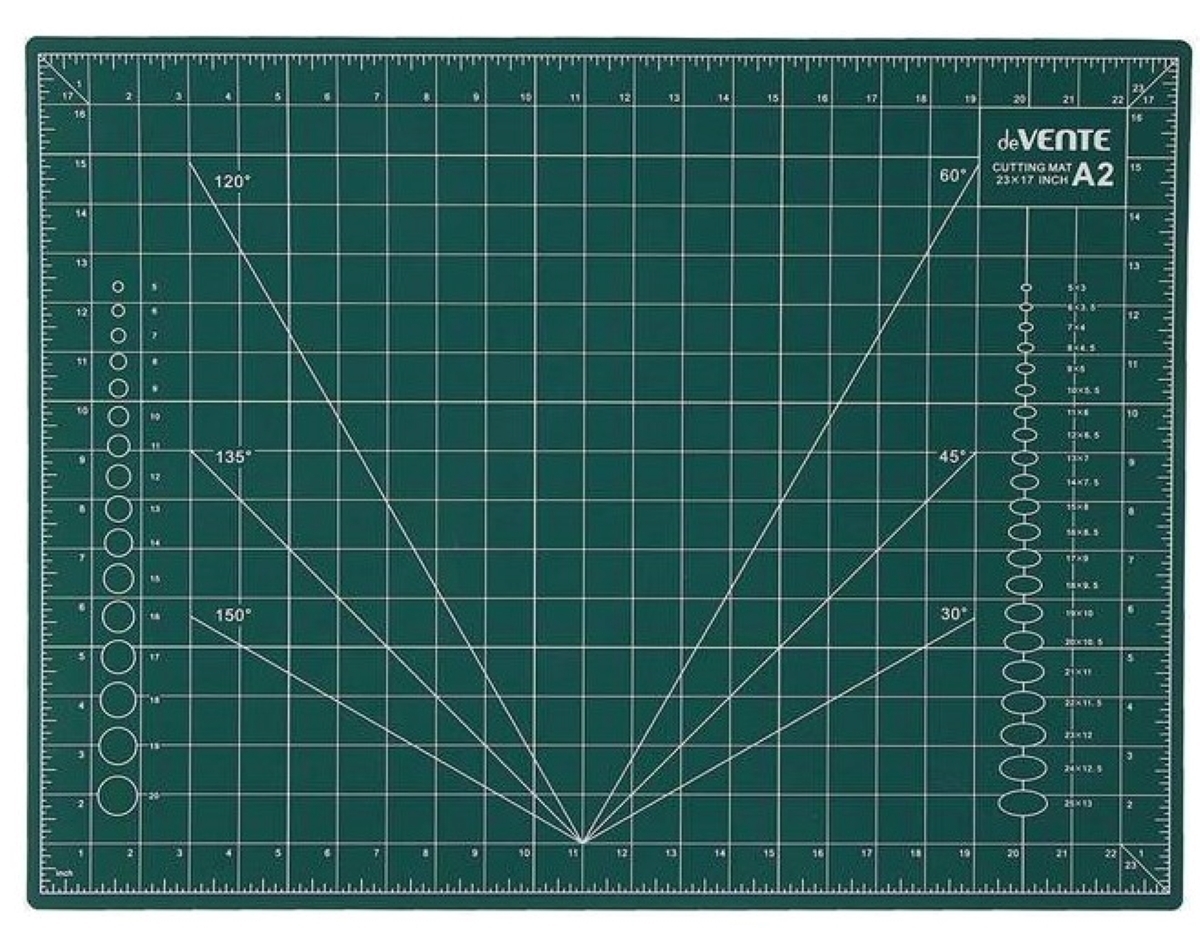 Коврик А2 60х45 см DеVеnte мат для резки макетный непрорезаемый двусторонний трёхслойный сантиметровая шкала, радиусы, углы зелёный