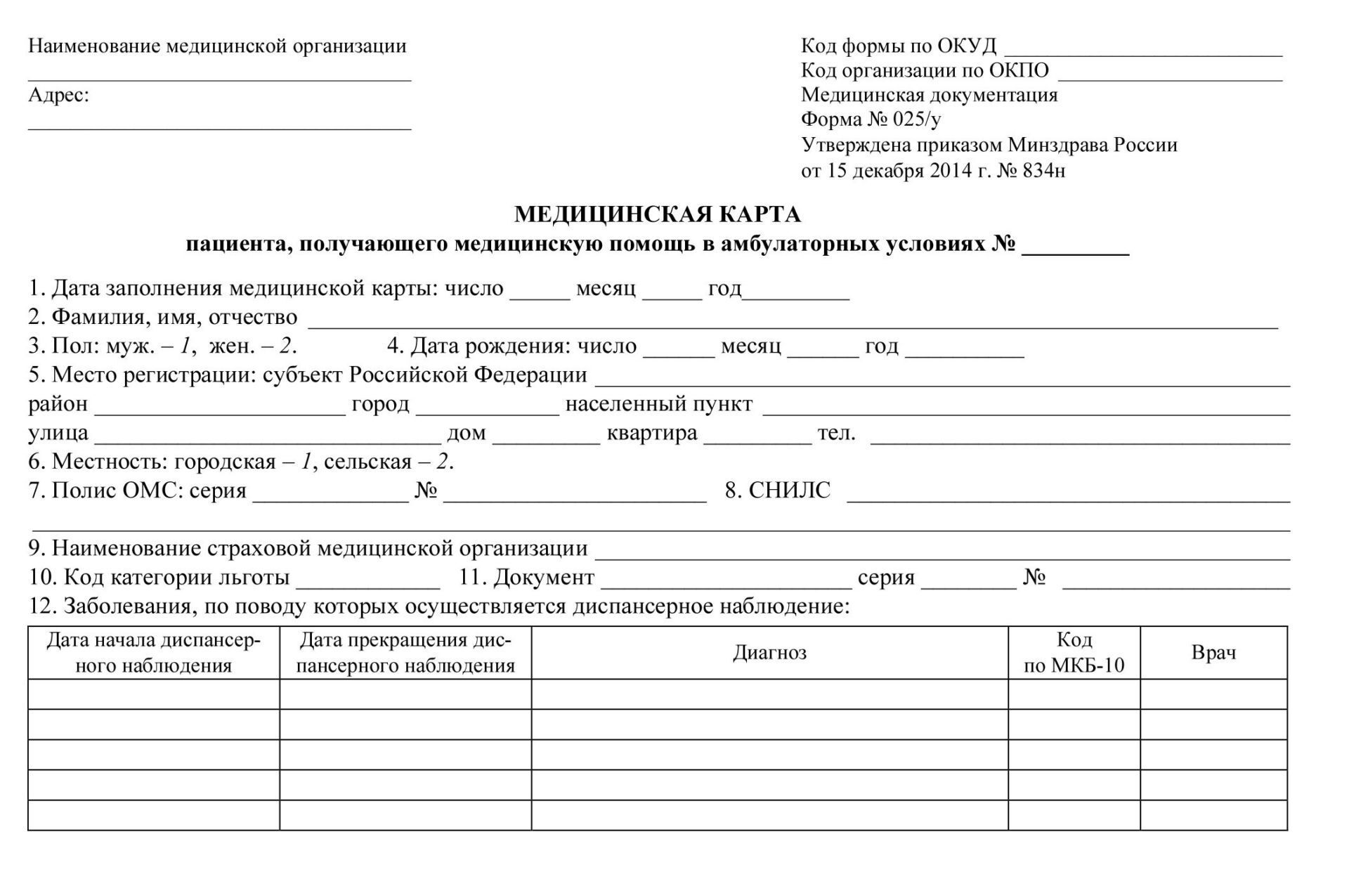 Медицинская карта больного с инсультом