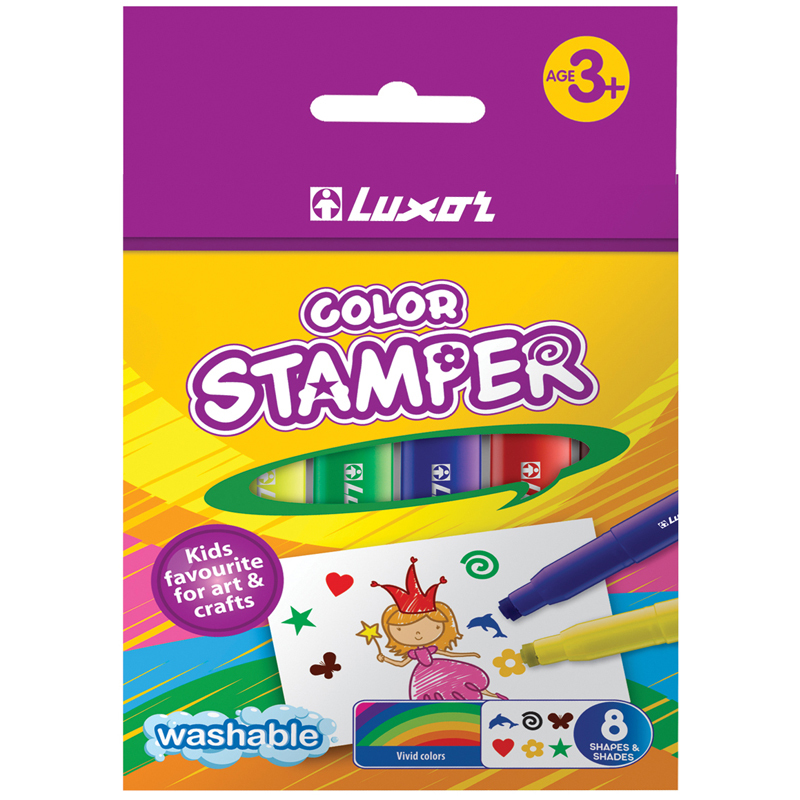 Фломастеры-штампы для рисования набор Luxor "Color Stamper", 8 цветов, смываемые, картон, европодвес