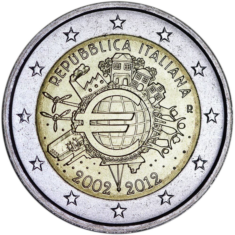 2.2 euro. 2 Евро Италия 2012. 2 Евро 2012 10 лет наличному обращению евро. 2 Euro монета.