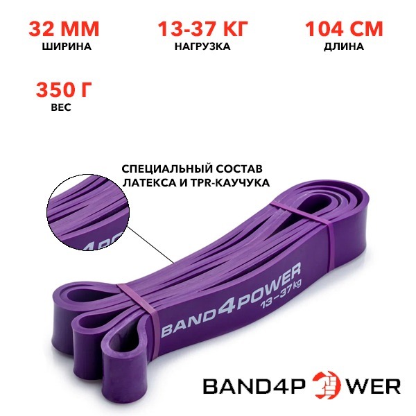 Фитнес резинка Band4Power, эспандер, петля латексная, фиолетовая, нагрузка 13-37 кг