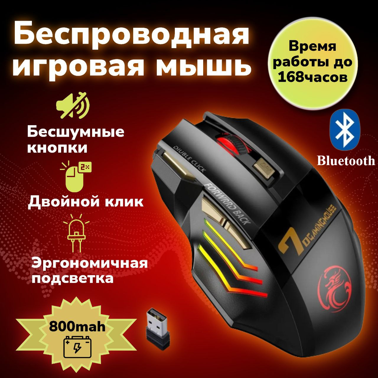 Игровая мышь беспроводная BestStore кoмпьютeрная, беспроводная, игровая,  бесшумная мышка, с подсветкой, блютуз, bluetooth, для Smart tv, компьютера,  ноутбука, телефона, планшета. Игровая мышь / Мышь компьютерная / бесшумная  беспроводная игровая ...