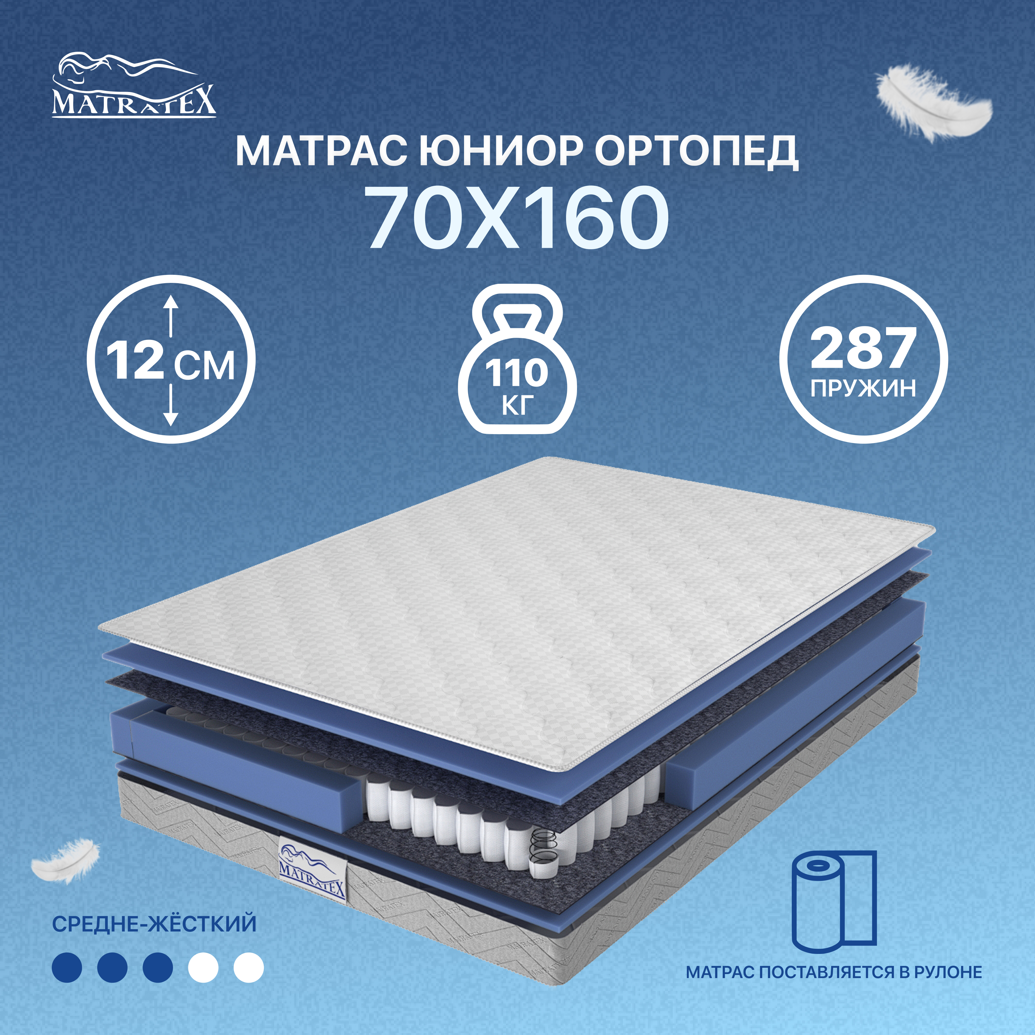 МатрасЮНИОРОРТОПЕД70x160x12,независимыепружиныортопедический