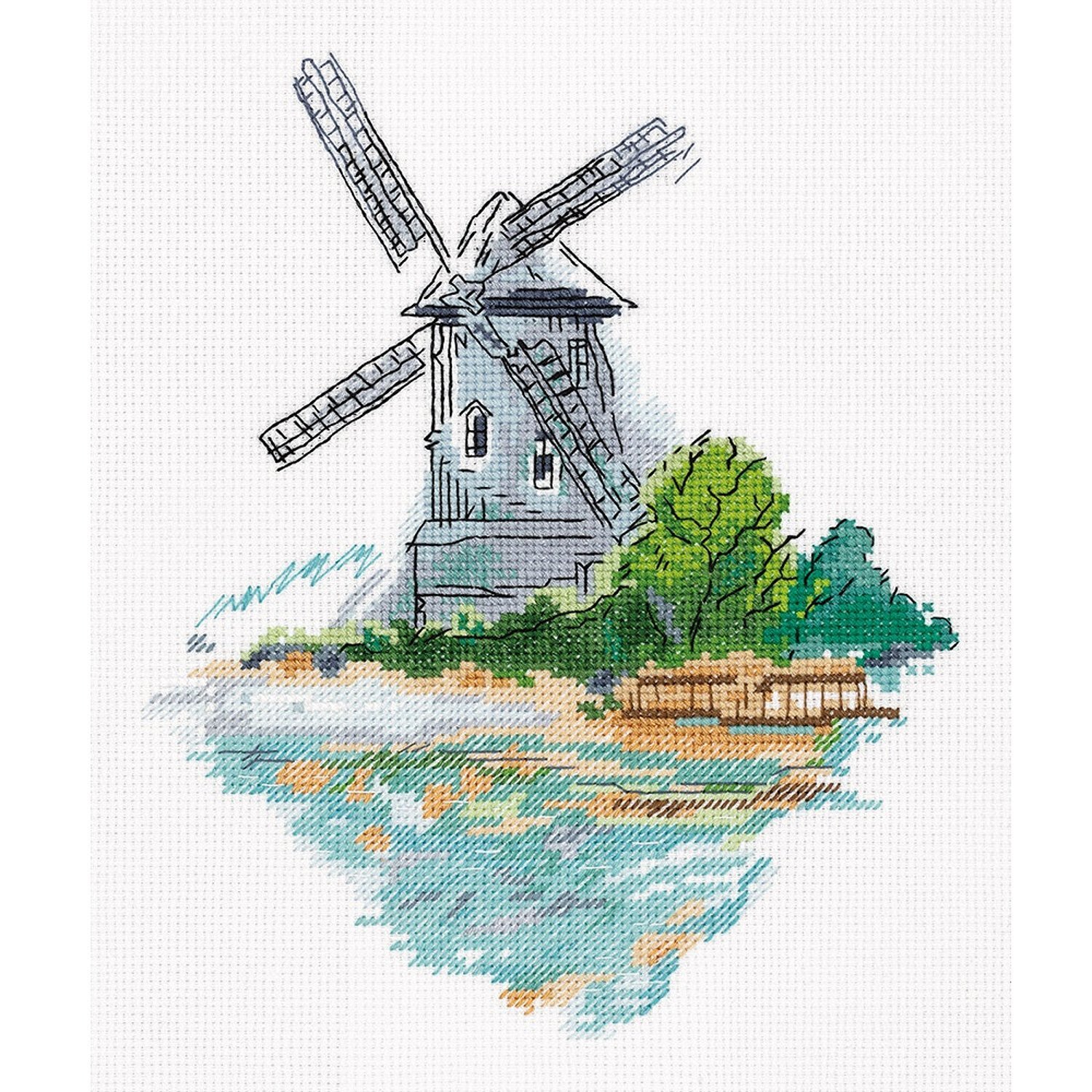 набор для вышивания кларт "мельница на берегу" 8-384. монохромная вышивка мельница. схема для вышивания мельница. схемы вышивки мельница. вышивка крестом ветряная мельница.