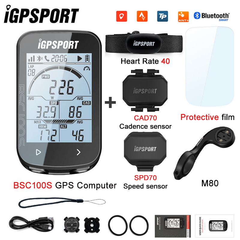 iGPSPORT BSC100S велосипедный компьютер беспроводной Bluetooth велосипедный одометр + кронштейн M80 + датчик скорости SPD70 + CAD70+ HR40