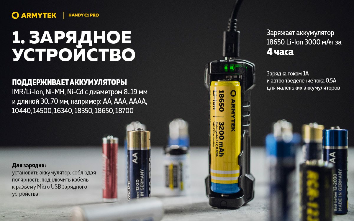 Зарядное Устройство Армитек - ARMYTEK Handy C1 Pro A02801 Портативное