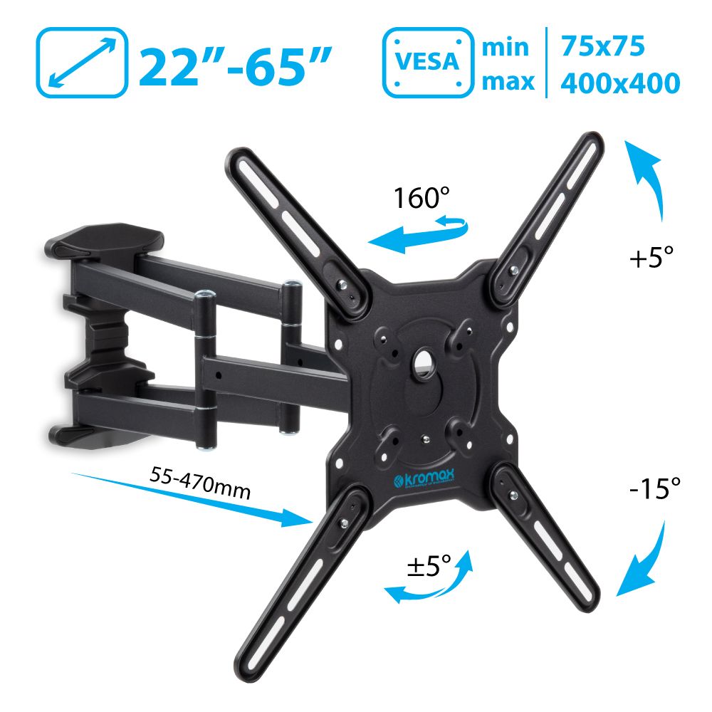 Кронштейн для телевизора настенный Kromax OPTIMA-407 / до 65 дюймов / наклонно-поворотное крепление для тв