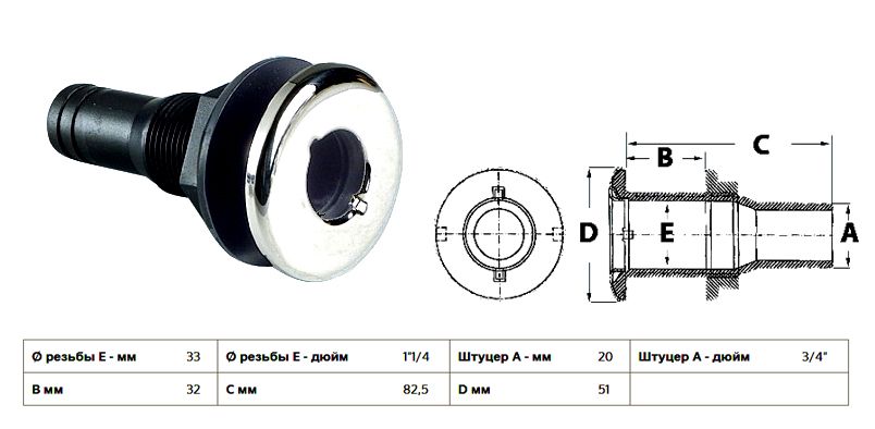 Фитинг Osculati сливной, прямой, под шланг d19 мм, 3/4", резьба 1-1/4", 33 мм, черный пластик, нержавеющая сталь