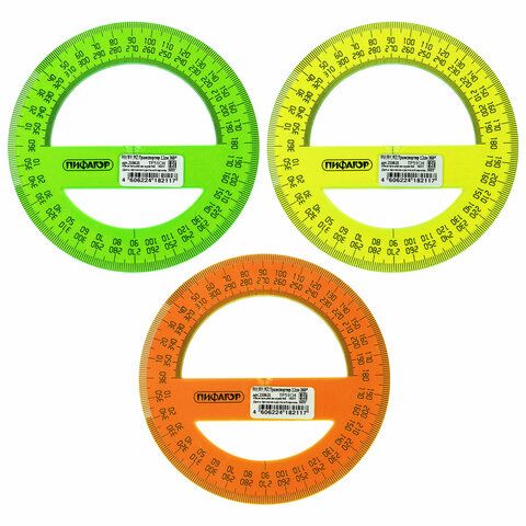 20 шт., Транспортир 12 см, 360 градусов, ПИФАГОР, прозрачный, неоновый, ассорти, 210621