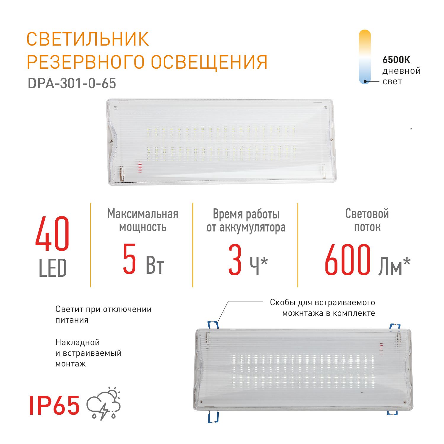 Светильник светодиодный уличный аварийный непостоянный ЭРА DPA-301-0-65 40LED 3ч IP65 / Фонарь для эвакуации аккумуляторный автономный