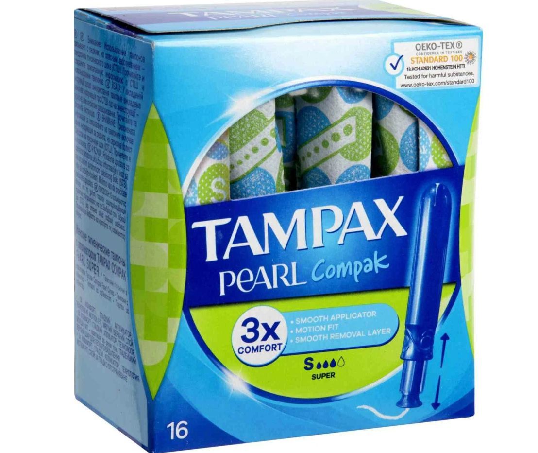 TAMPAX Compak Pearl Super Гигиенические тампоны с аппликатором 3 капли, 16 шт в упаковке