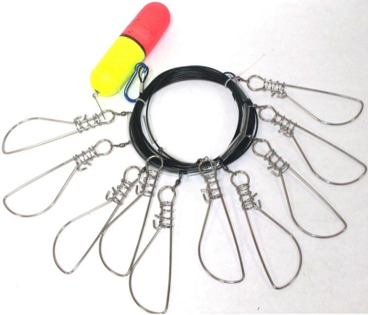 кукан для рыбы. трос). кукан mifine r12. кукан мет. (трос) 5 карабинный с поплавком.