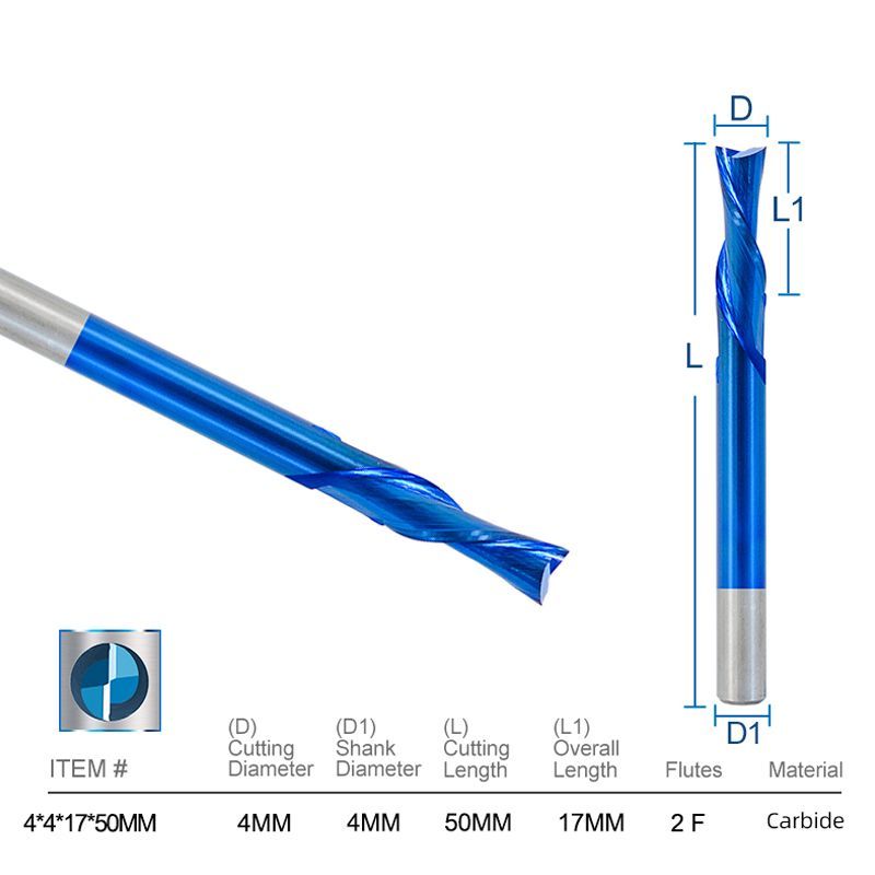Фреза спиральная двухзаходная 4х17х50мм стружка вниз с нано-синим покрытием