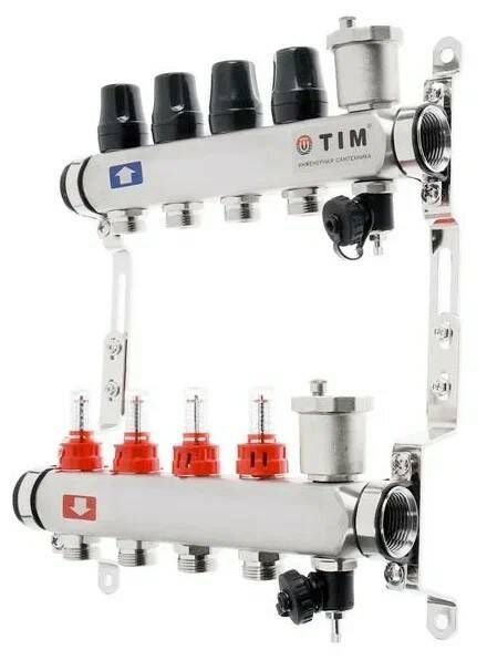 Коллекторная группа 4 контура с расходомерами 1" * 3/4" E,с дренажными кранами и воздухоотводчиками нерж. сталь, TIM, KCS5004