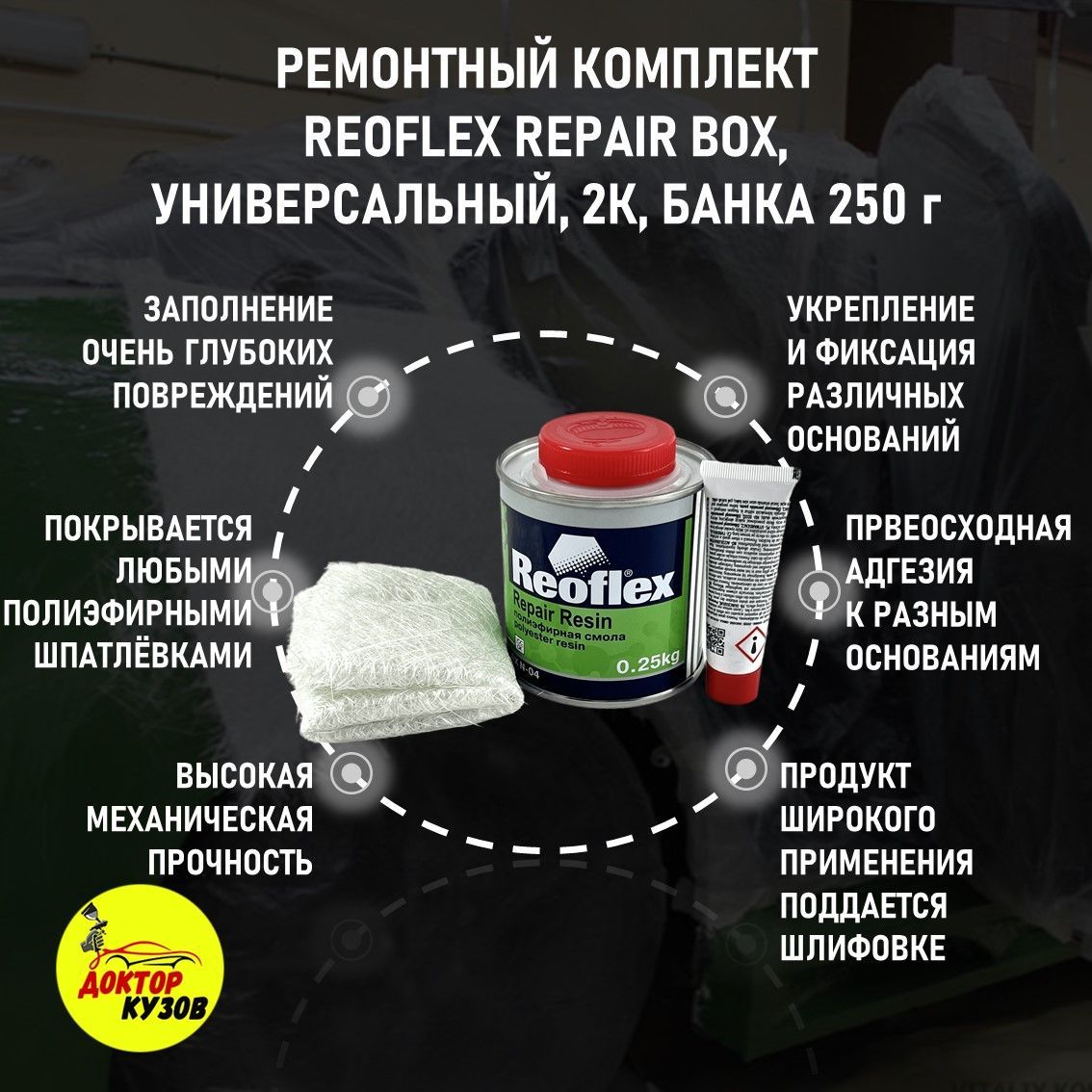 Ремкомплект для бампера авто 250 г со стеклотканью REOFLEX REPAIR BOX +  отвердитель / Ремонтный комплект для машины / Полиэфирная смола для  пластика и ...