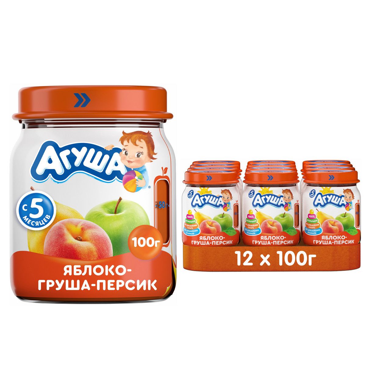 Фруктовое <b>пюре</b> Агуша из яблок, груш и персиков. 