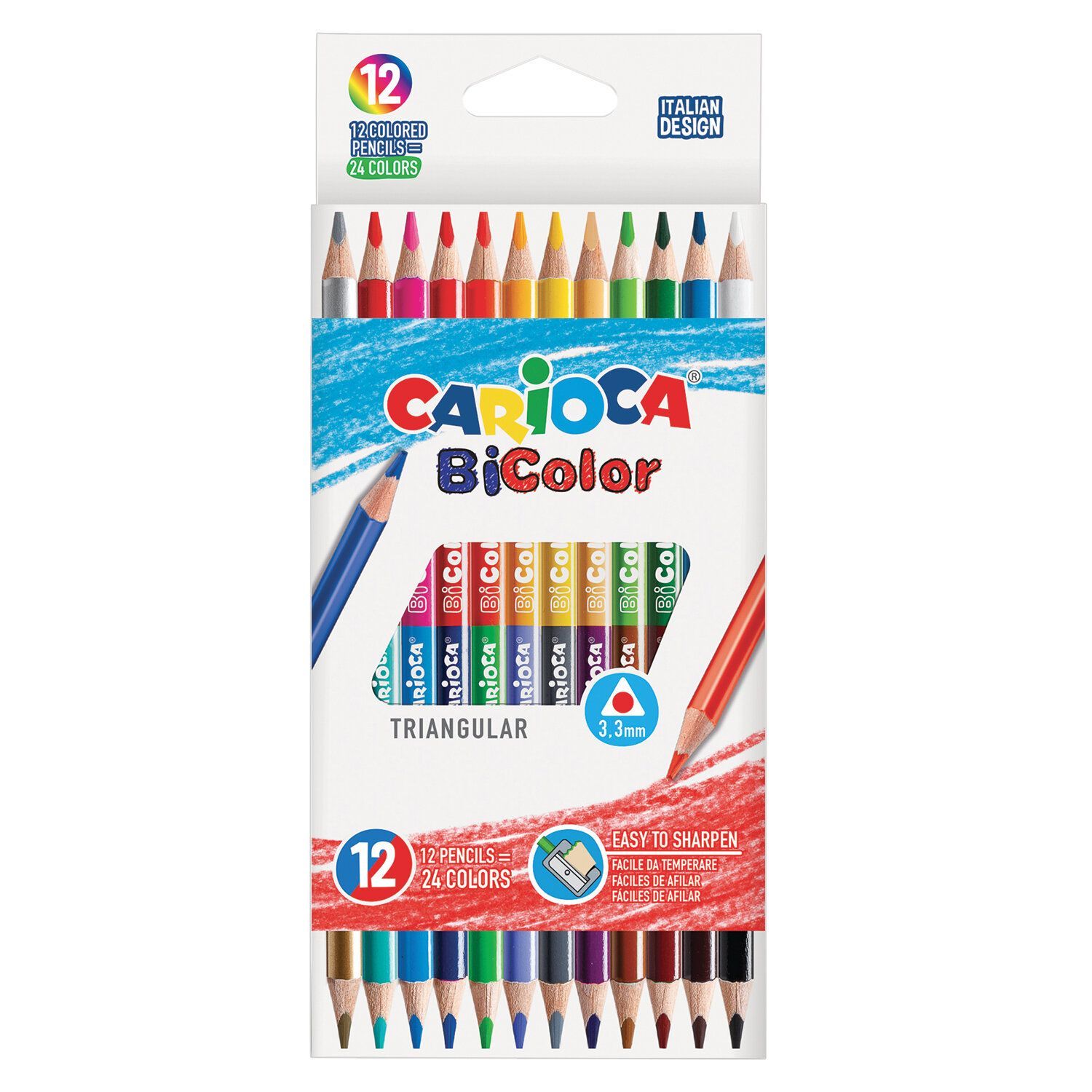 Карандаши двусторонние Carioca Bi-color, 12 штук, 24 цвета, трехгранные, заточенные