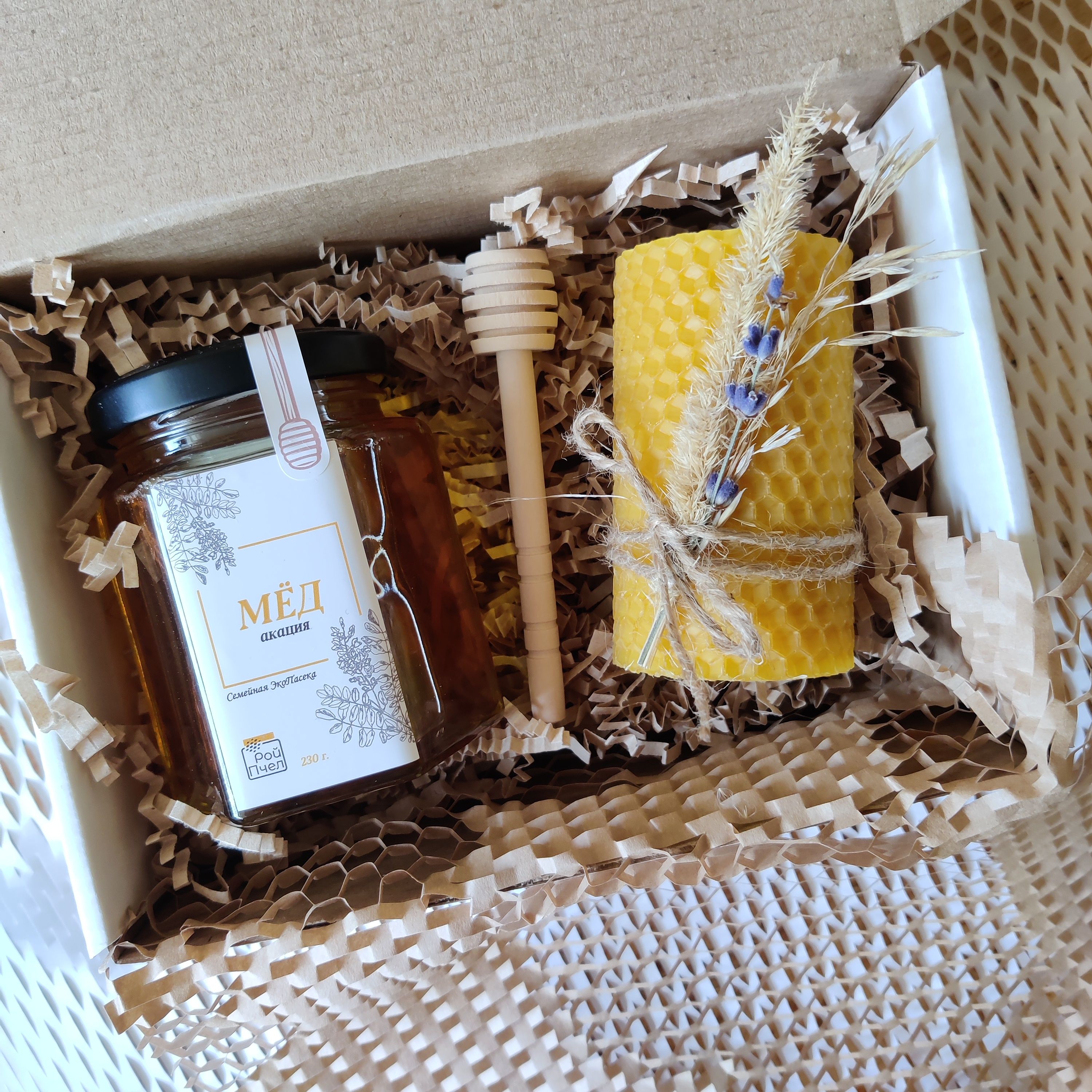 Подарочный набор Мед натуральный Акациевый и Свеча из вощины,"Рой Пчел", 230 г / набор меда