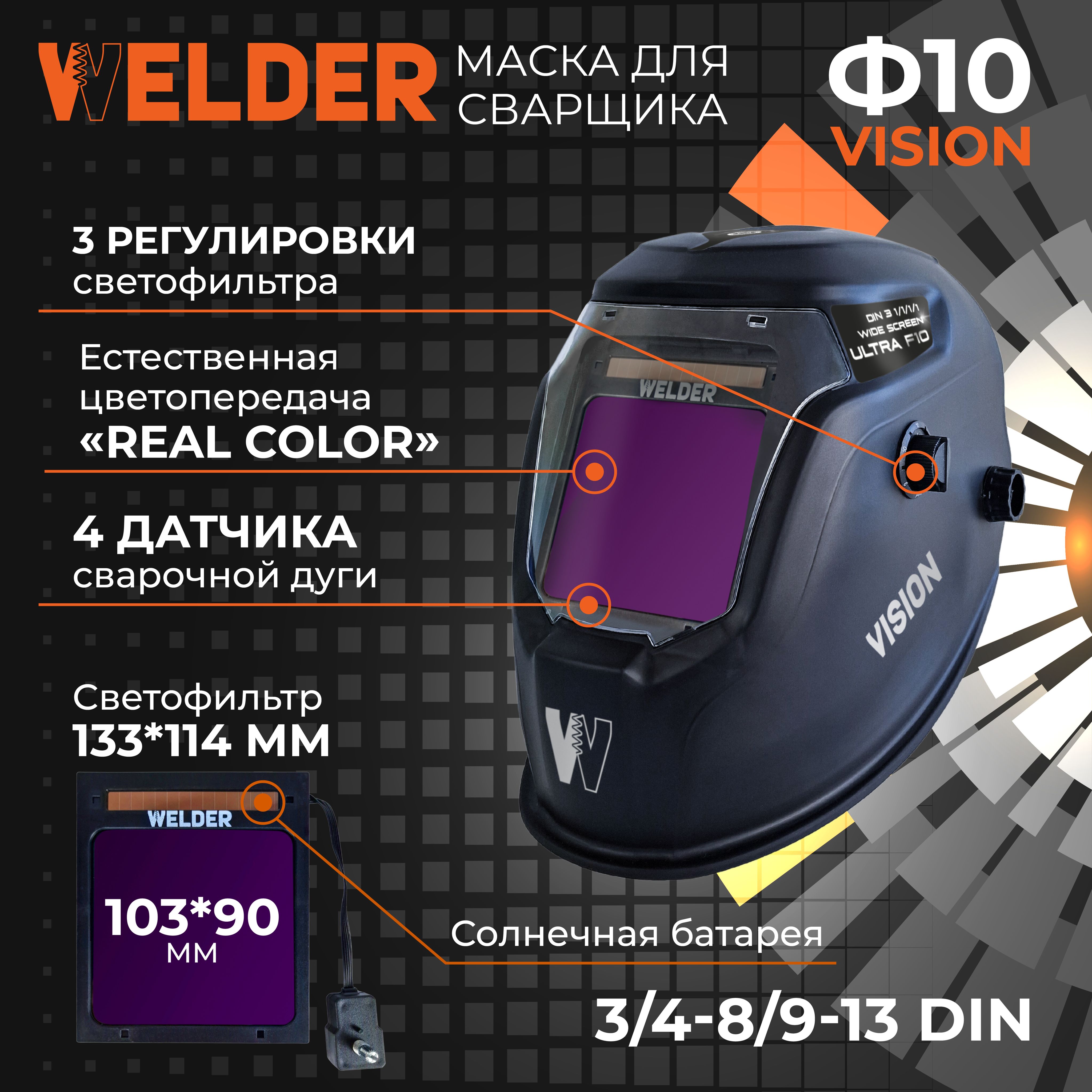 Маска сварочная WELDER VISION Ф10 REAL COLOR Хамелеон 103x90 мм, DIN  4/5-8/9-13 (Внешняя регулировка), в коробке