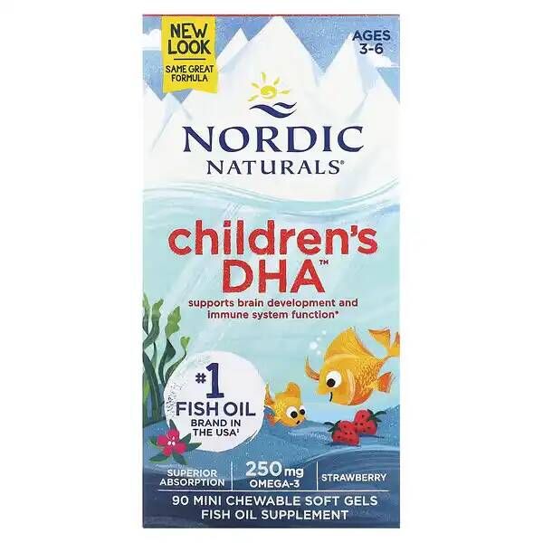 ДГКпищеваядобавкаNordicNaturals,омега-3детям3-6лет,вкусклубники,90желатиновыхмини-капсул