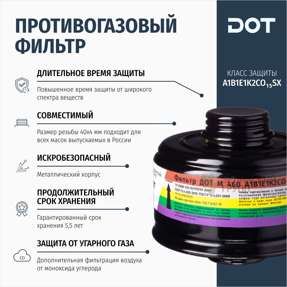 Фильтр противогазовый ДОТ М 460 А1В1Е1К2СО15SX от угарного газа для масок  МАГ/ППМ - купить с доставкой по выгодным ценам в интернет-магазине OZON  (1068345221)