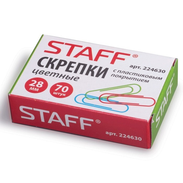 Скрепки канцелярские 28 мм цветные, 70 шт, STAFF, картонная коробка ...