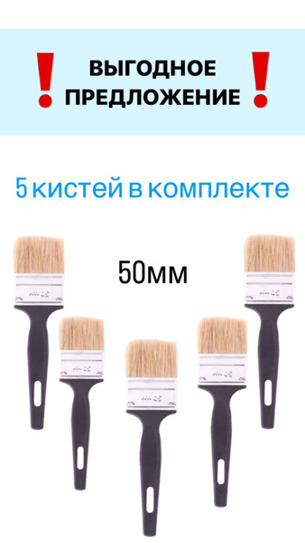 Кисть малярная плоская для покраски 50*6 мм натуральная щетина 5 шт ...