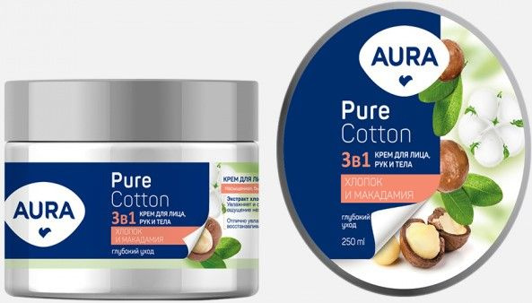 Крем 3в1 Aura Pure Cotton для лица, рук и тела Хлопок и Макадамия 250 ...
