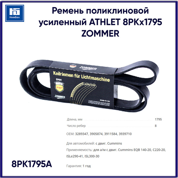 Ремень 1795 (8РК) для а/м с двиг. Cummins EQB 140-20, C220-20, ISLe290-41, ISL300-30 ZOMMER