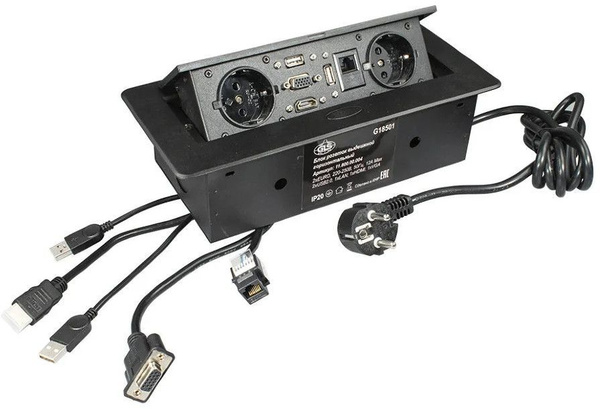 Блок розеток прямоугольный выдвижной 2 розетки Schuko, USB LAN HDMI VGA ...