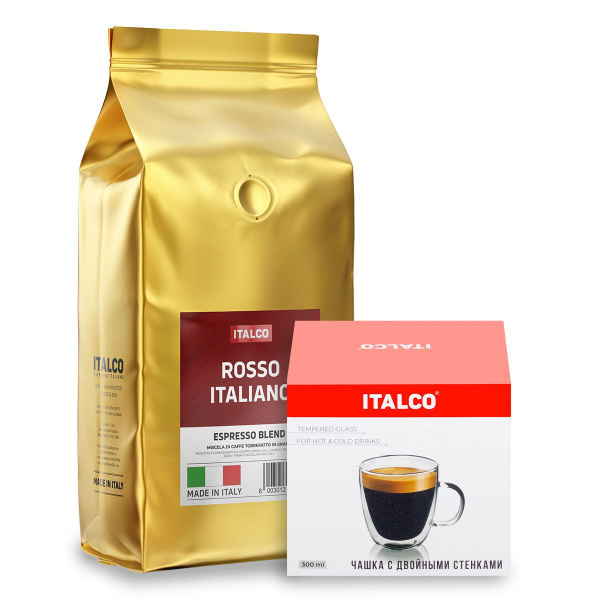 Набор кофе в зернах ITALCO ROSSO ITALIANO + кружка стеклянная с ...