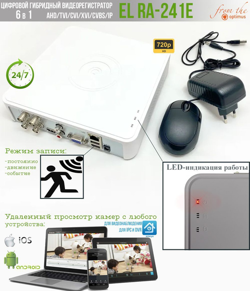 4-х канальный HD (1080N) охранный гибридный (6 в 1 AHD, TVI, CVI, XVI ...