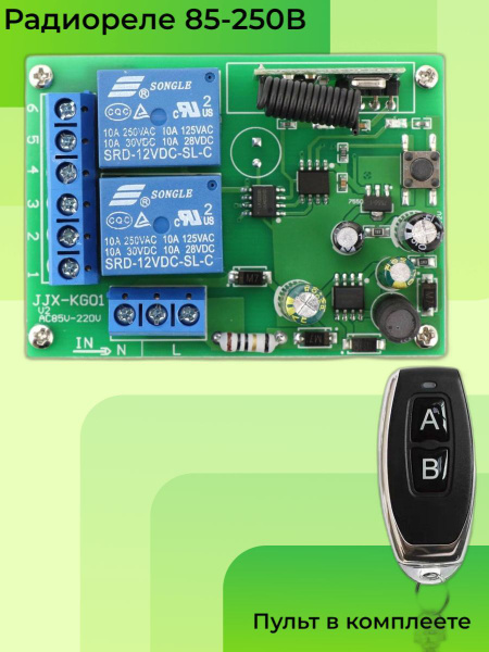 Радио реле двух канальное 220В 10А 433МГц. Для ворот, шлагбаумов ...