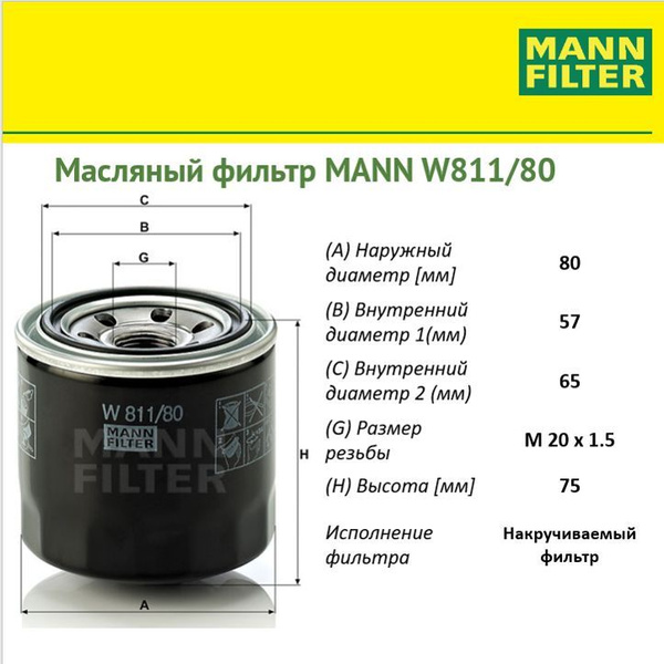 Фильтр масляный MANN FILTER W 811/80 - купить по выгодным ценам в ...