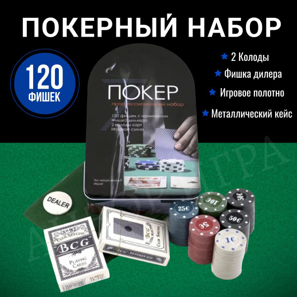 Набор для игры в покер: 2 колоды карт ,120 фишек с ном, сукно 57 x 40 ...