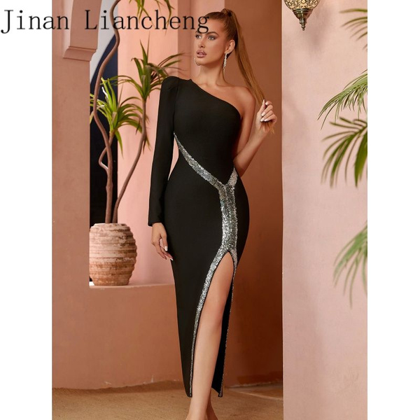 Модное бандажное платье с длинным рукавом на одно плечо, Женский, На ...