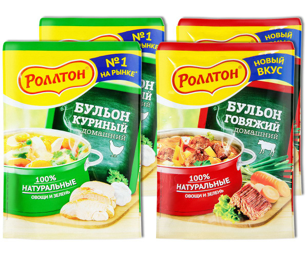 Роллтон Бульон "Куриный" и "Говяжий" домашний в пакете, 90 г, 4 шт ...