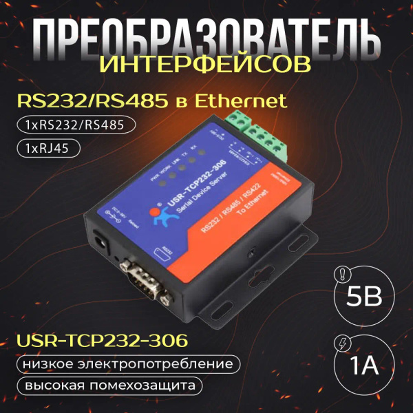 Преобразователь интерфейсов RS232/RS485 в Ethernet USR IoT USR-TCP232 ...