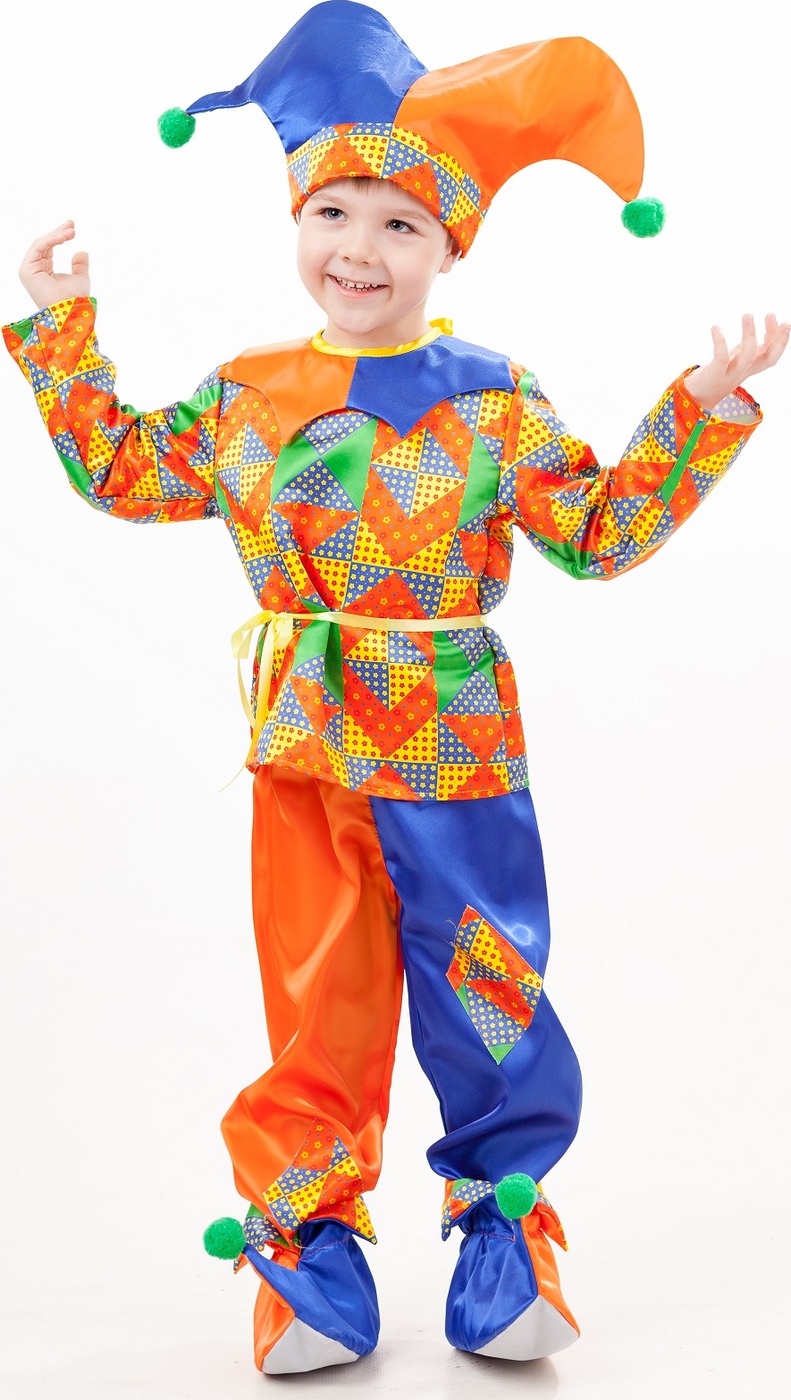 фото Карнавальный костюм Петрушка рубашка с поясом, брюки, колпак, башмачки размер 116-60 Пуговка