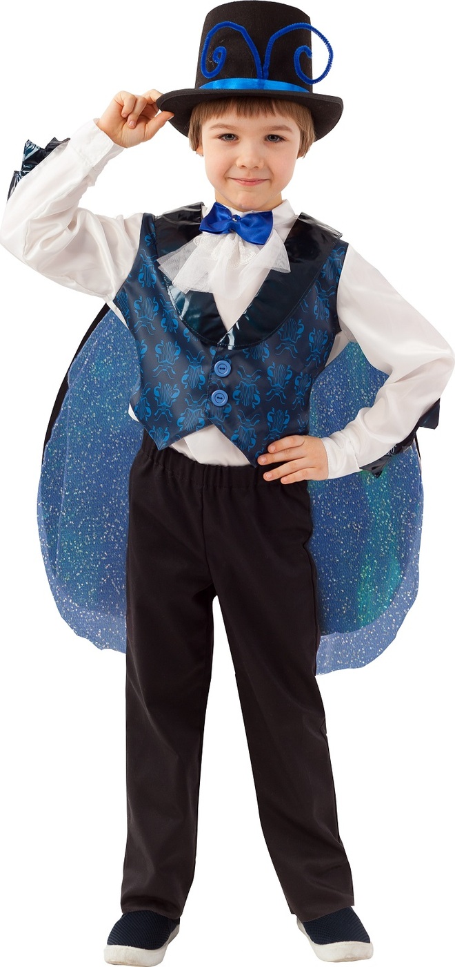 фото Карнавальный костюм Жук рубашка с жабо, жилет с крыльями, брюки, цилиндр с усиками размер 128-64 Пуговка
