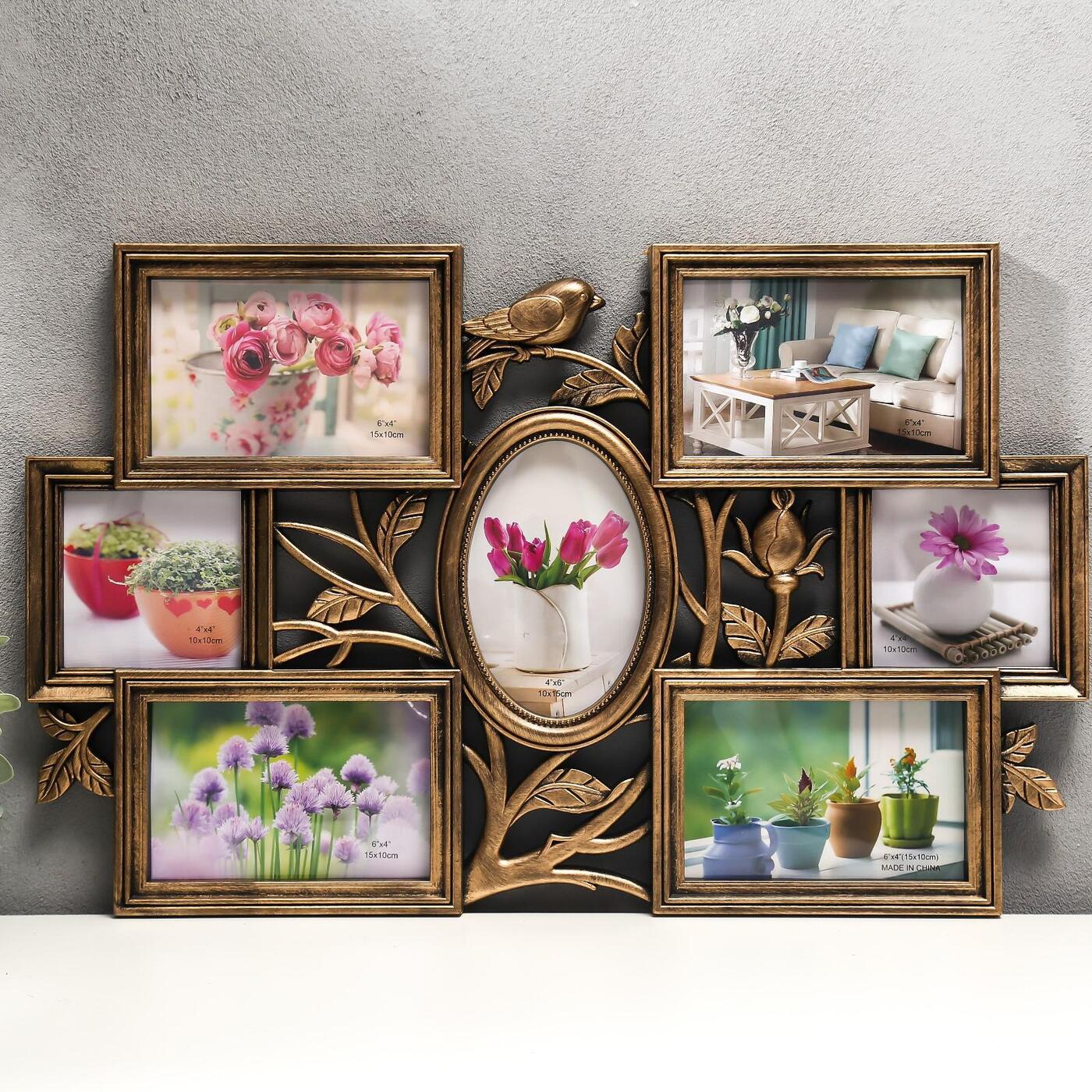 Фоторамка пластик на 7 фото, 10х15 10х10 см, Птица и шиповник золото / рамка для картин, постера, творчества / для интерьера