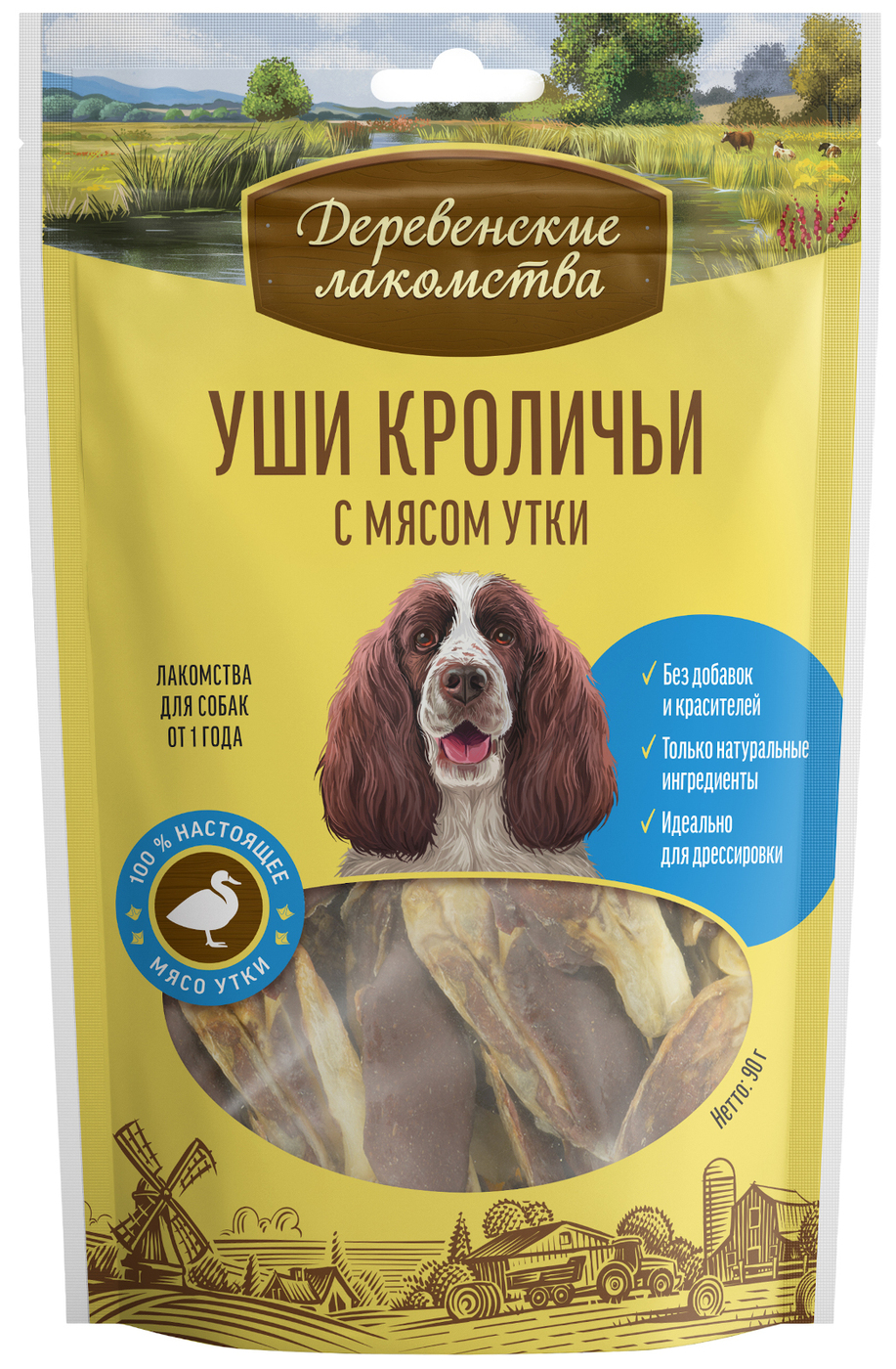 Лакомство для взрослых собак всех пород "Деревенские лакомства" Уши кроличьи с мясом утки, 90 г.