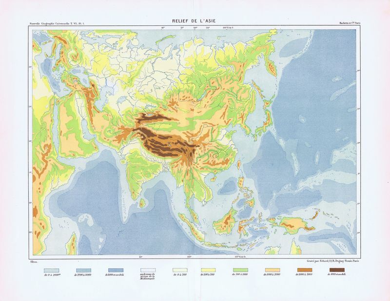 Рельеф Азии. Географическая карта антикварная (литография). Франция, Париж, 1881 г.
