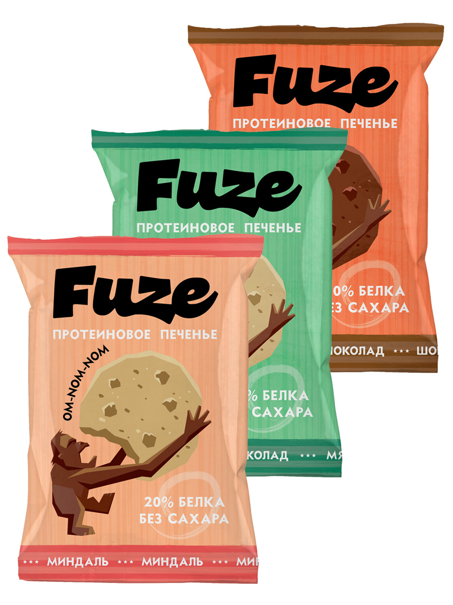 FUZE Протеиновое печенье без сахара, Ассорти 3шт по 40г (Миндаль, Мята ...