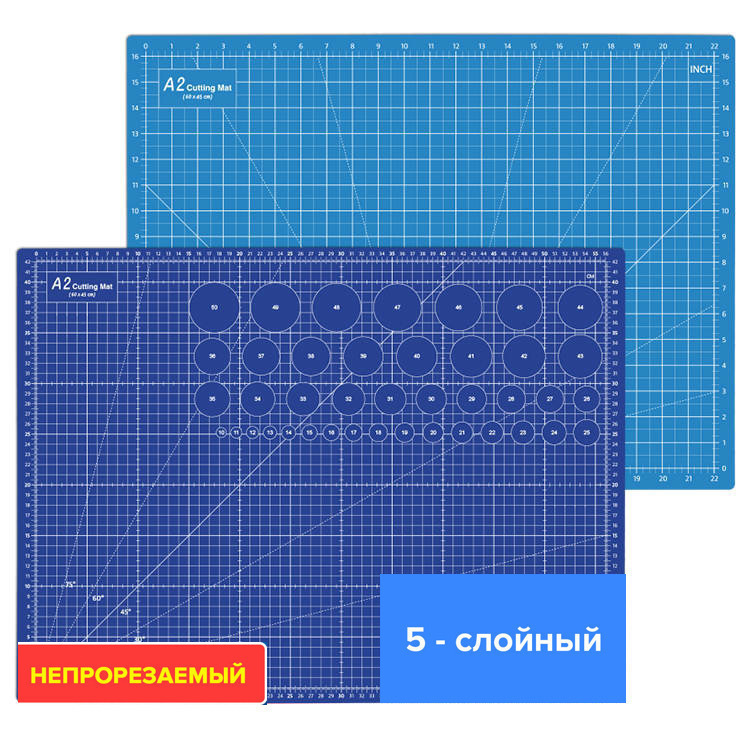 Коврик (мат) для резки защитный непрорезаемый для раскройного ножа, 5-слойный А2 (600х450 мм), двусторонний, толщина 3 мм, синий
