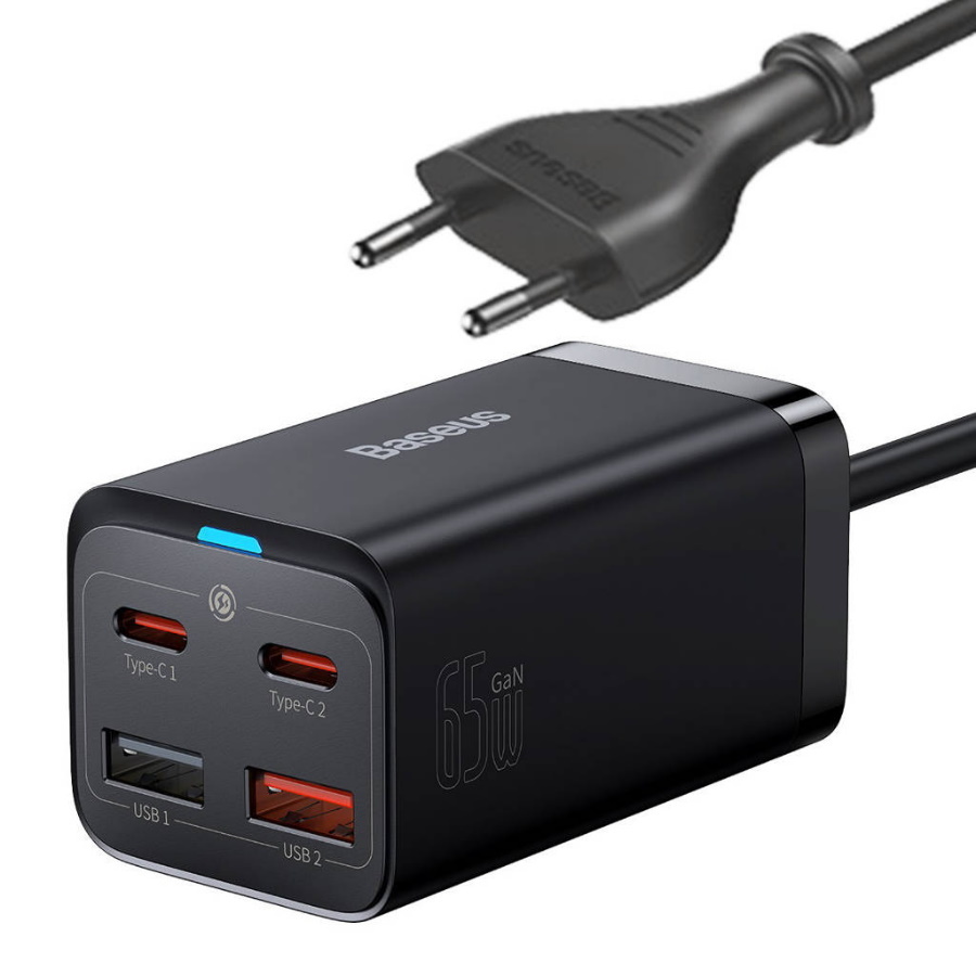 ЗарядноеустройствосетевоедлятелефонаBaseusGaN3ProDesktopFastCharger2TypeC+2USB65Вт(EU)/(скабелемUSB-CtoUSB-C100Вт(20В/5А)1метр-Черный(CCGP040101)