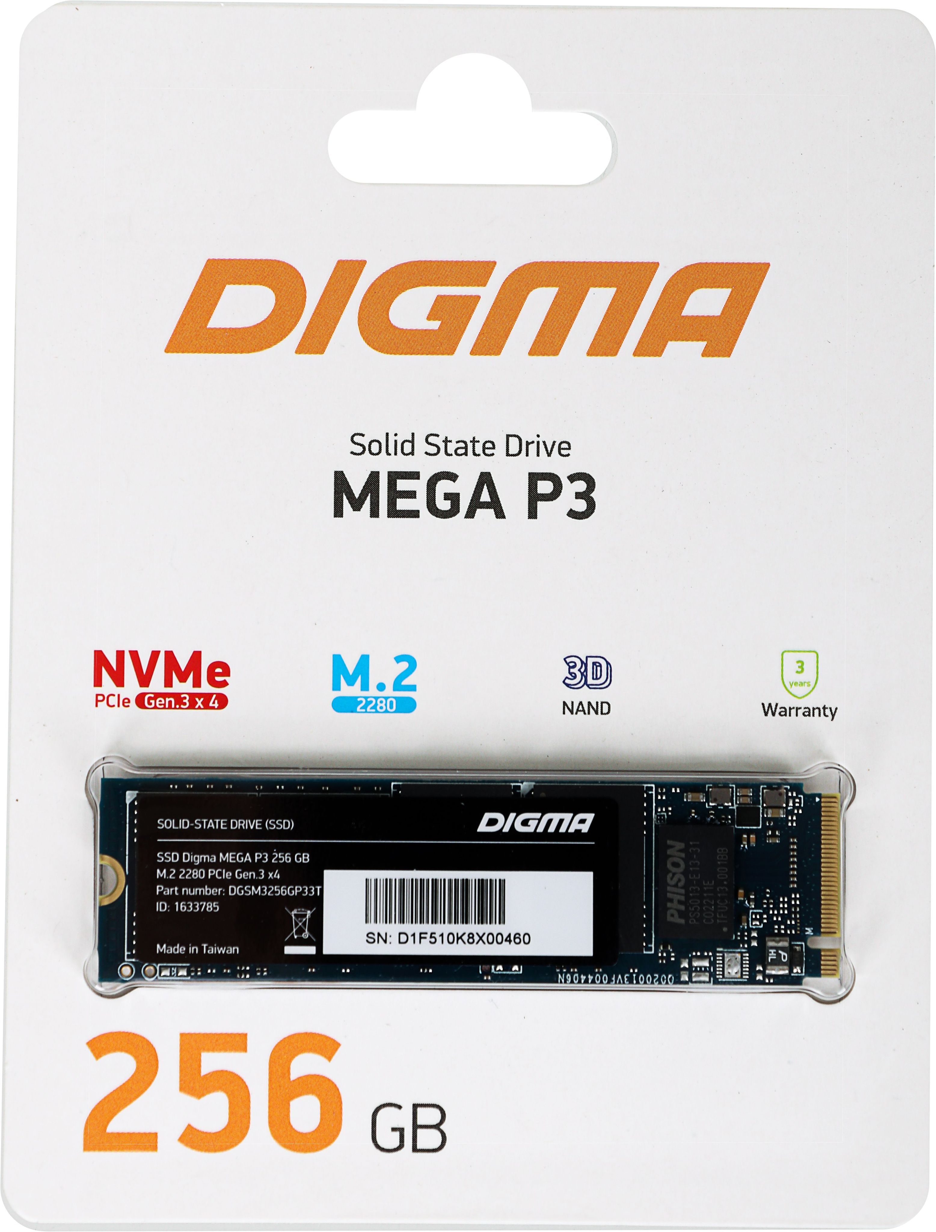 Digma256ГБВнутреннийSSD-дискSSDPCI-Ex4MegaP3M.22280(DGSM3256GP33T)